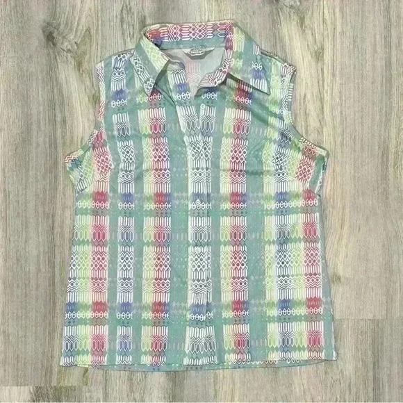 Vintage 1970s Sears Perma Prest Sleeveless Print Button Collared Shirt Size L - Picture 1 of 4